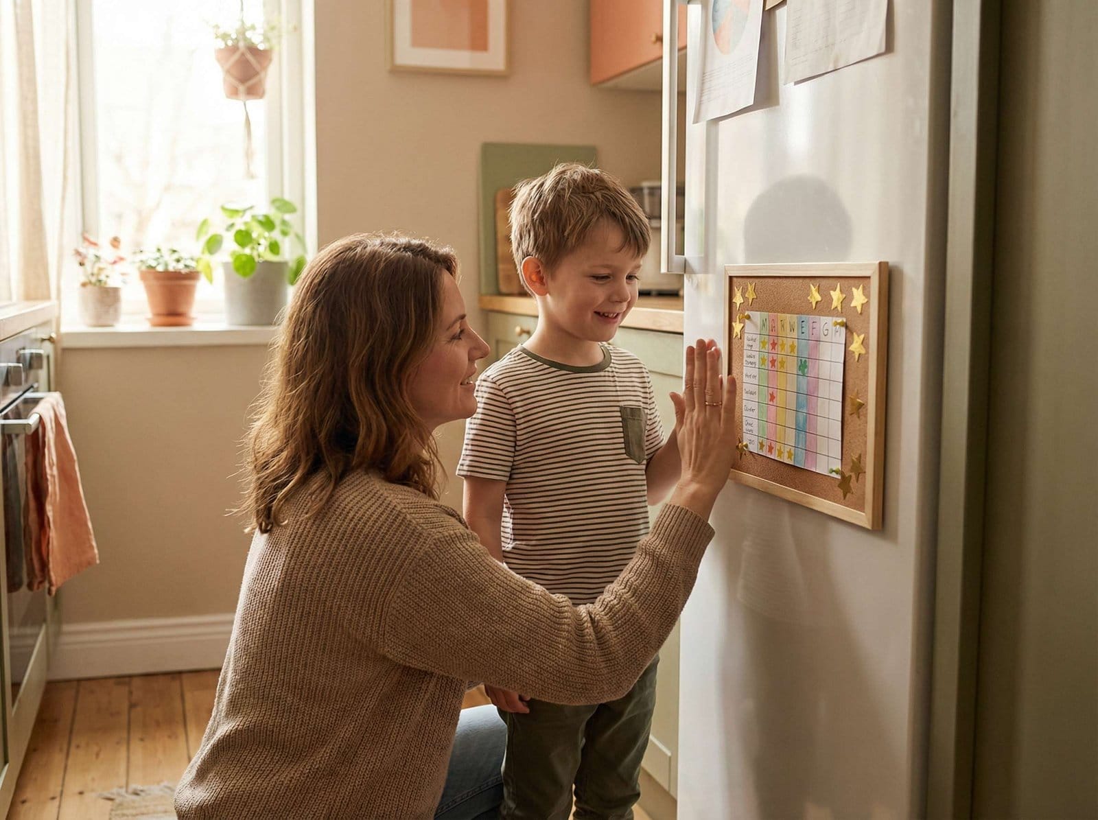 Image of a mom kneeling with her young son, reviewing his daily routine chart.