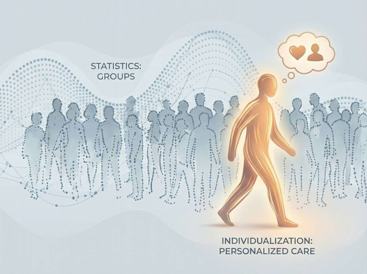 A graphic conveying the difference between statistical groups and individual care.
