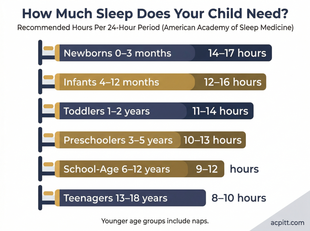 Infographic showing recommended sleep hours by age group from newborn through teenager, based on American Academy of Sleep Medicine guidelines.