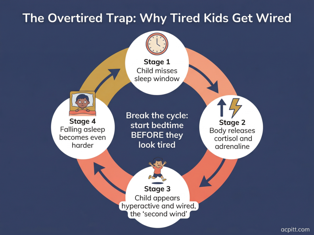 Circular infographic illustrating the overtired cycle in children, showing how missed sleep windows trigger cortisol release, hyperactivity, and increased difficulty falling asleep.