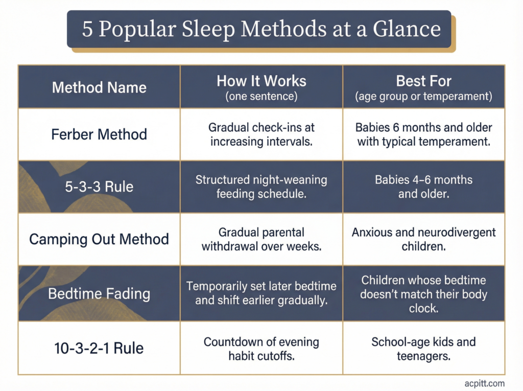 Comparison infographic showing five popular children's sleep training methods, including how each works and which age group it best serves.