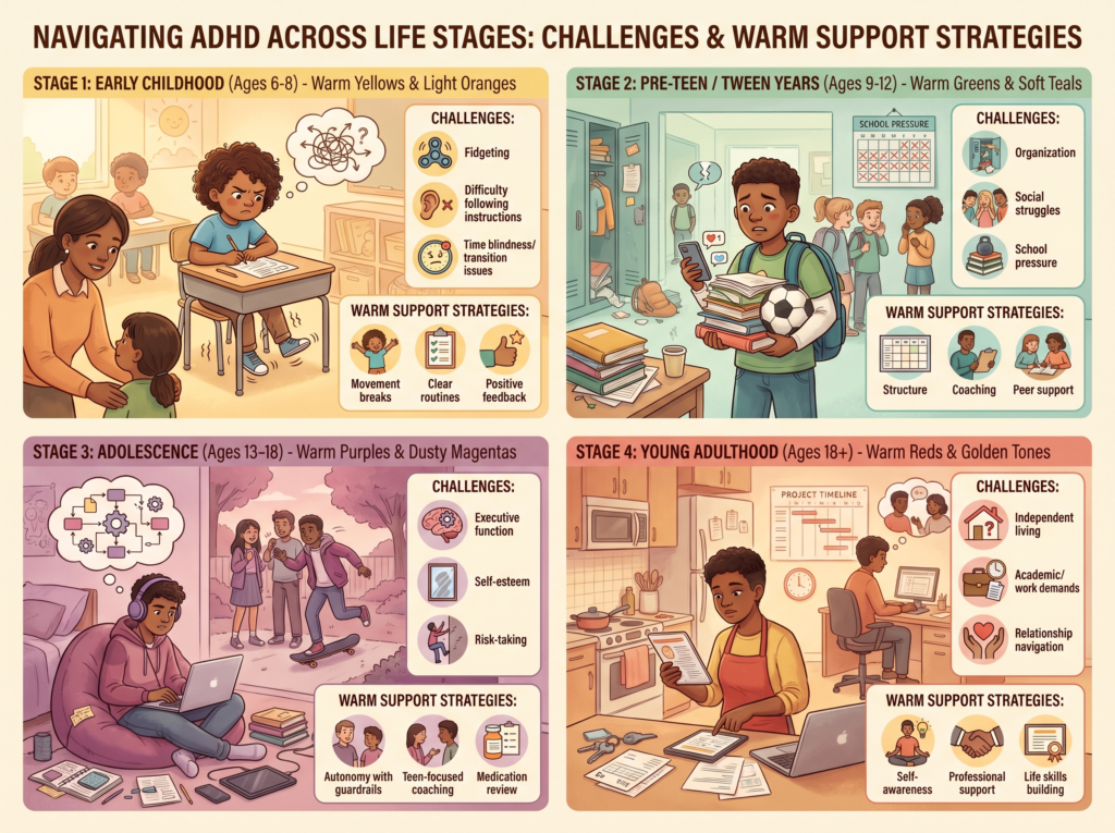 Multi-panel infographic depicting ADHD across four (4) distinct life stages (early childhood, pre-teen, adolescence and young adulthood).