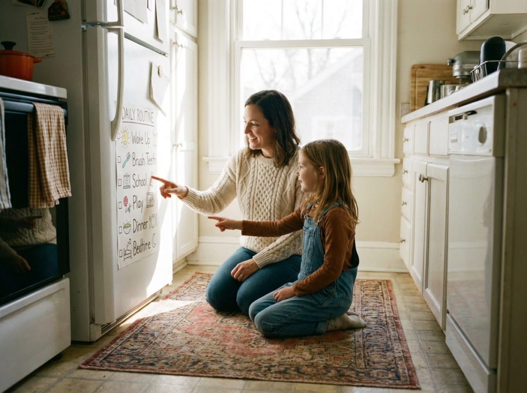 Mom and daughter reviewing a visual daily routine checklist on the refrigerator, a practical strategy for managing ADHD and anxiety at home