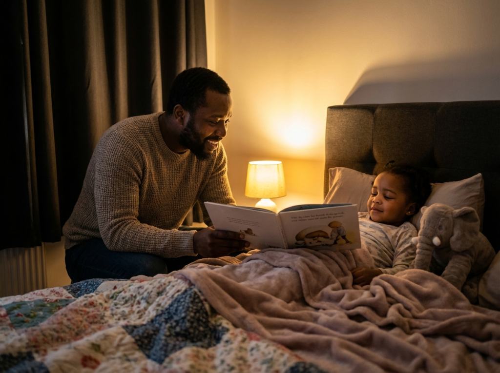 A father reads a bedtime story to a drowsy toddler tucked into bed in a cozy, dimly lit bedroom.