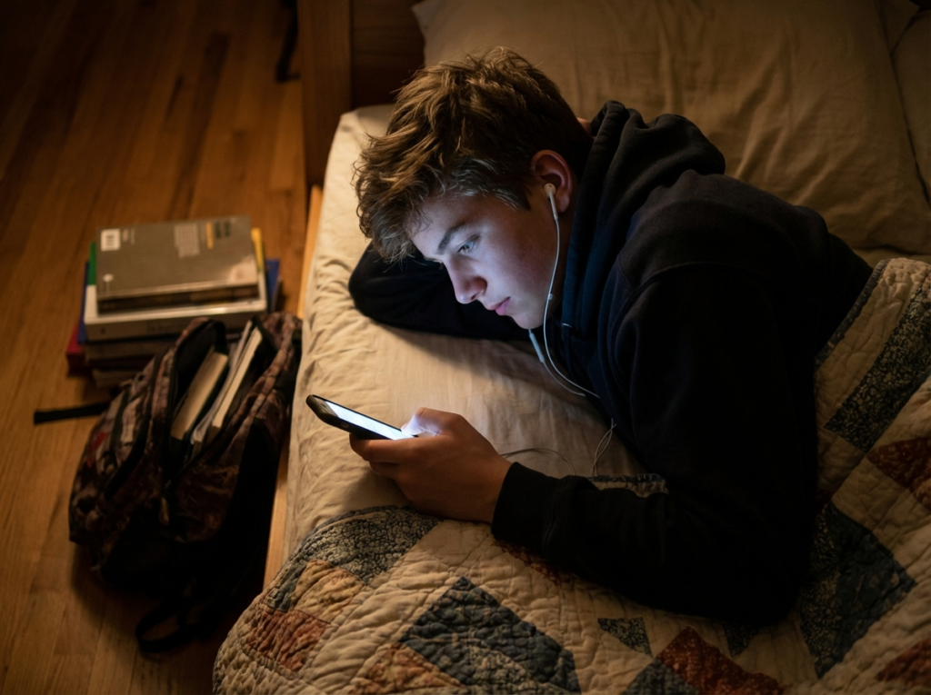 A teenager lies in a dark bedroom at night, face illuminated by the blue glow of a smartphone screen.