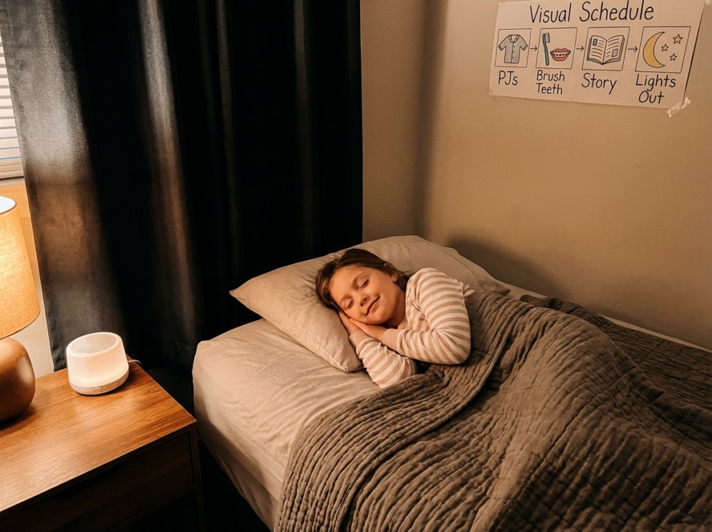 A child rests peacefully under a weighted blanket in a sensory-friendly bedroom with blackout curtains and a visual bedtime schedule on the wall.