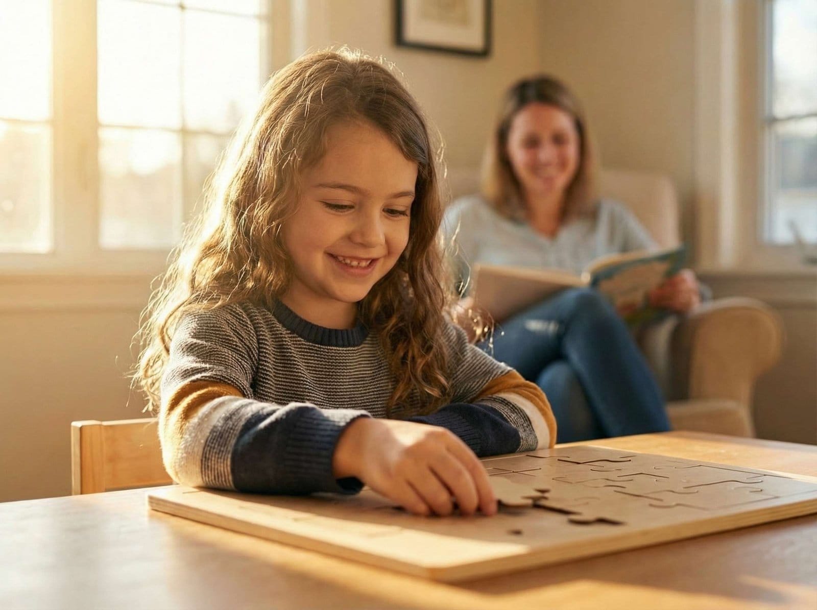 Image of a young girl smiling as she completes a puzzle with her mom in the background.