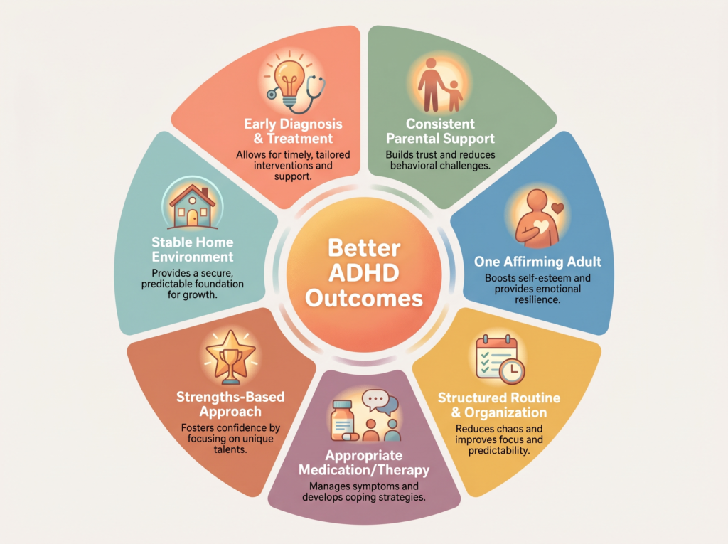 Circular infographic displaying seven (7) protective factors that lead to better long-term outcomes for children with ADHD. 