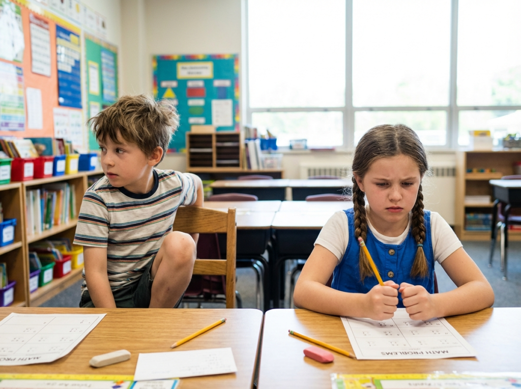 Two children in a classroom showing different responses to the same task, one restless and distracted (ADHD pattern) and one tense and worried (anxiety pattern)