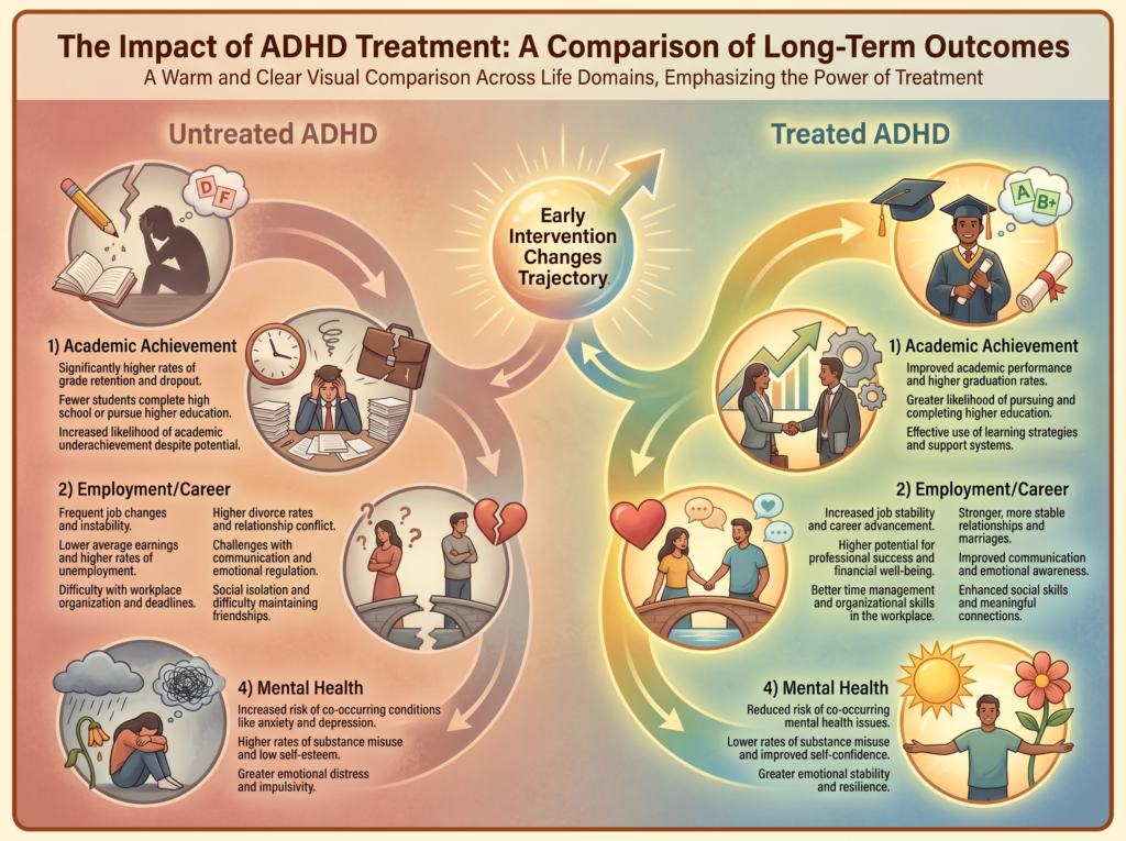 This infographic compares the long-term outcomes of untreated ADHD (left path) and treated ADHD (right path) across four life domains: Academic Achievement, Employment/Career, Relationships, and Mental Health. 