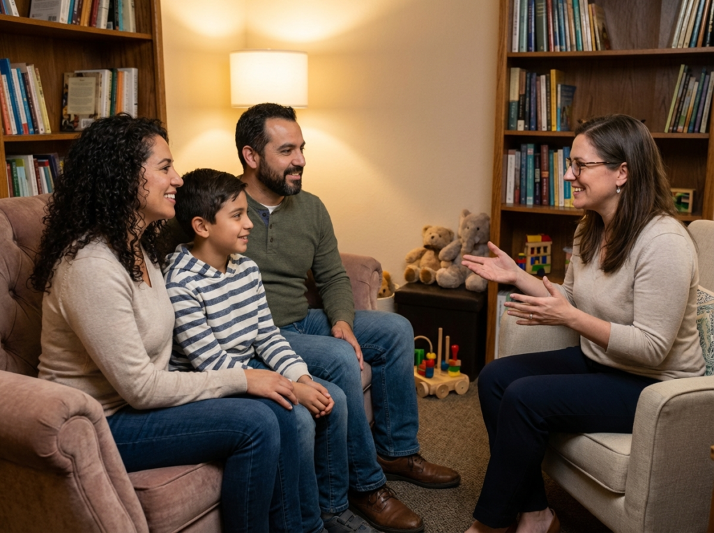Parents and child meeting with a psychologist for an ADHD and anxiety evaluation in a warm, supportive office setting.
