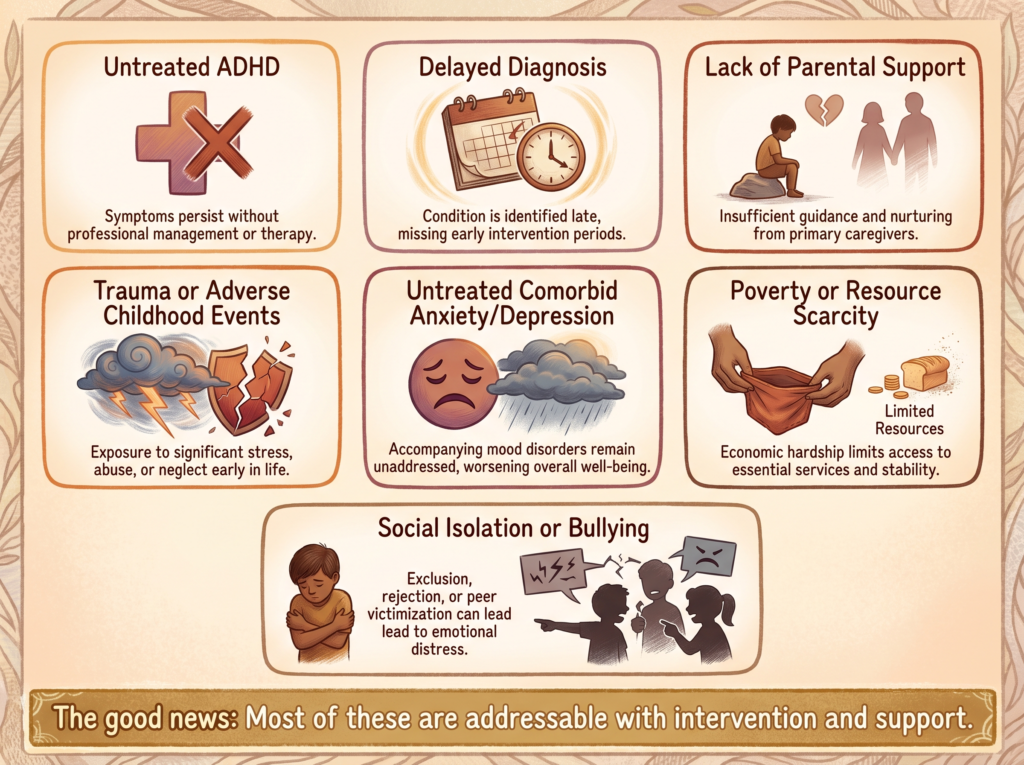 Infographic listing seven (7) risk factors that predict worse long-term outcomes for children with ADHD