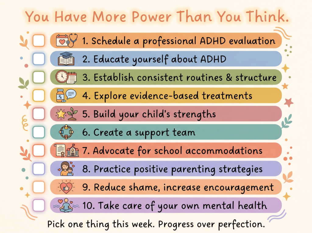 Printable checklist infographic with 10 actionable steps parents can take to improve their child's ADHD outcomes. 
