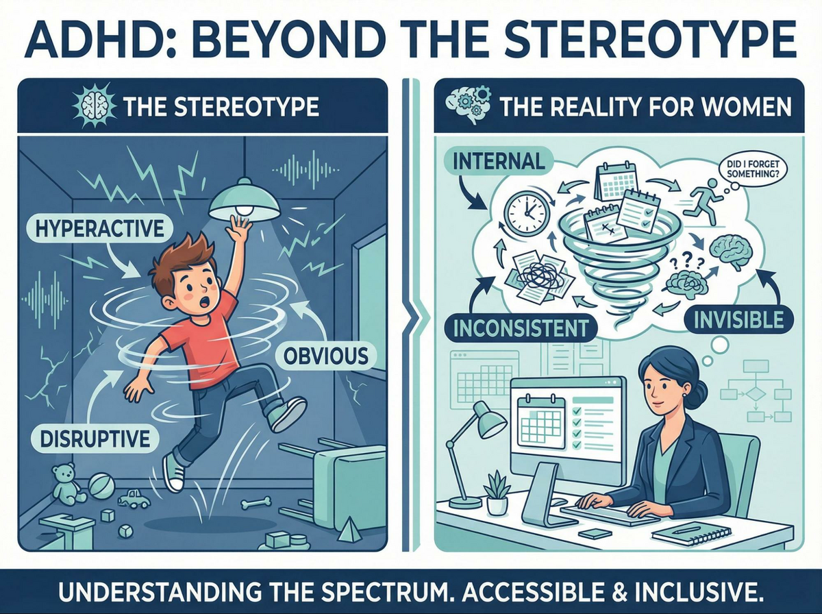 An infographic that visually contrasts the 'classic' ADHD stereotype versus how ADHD actually presents in adult women.