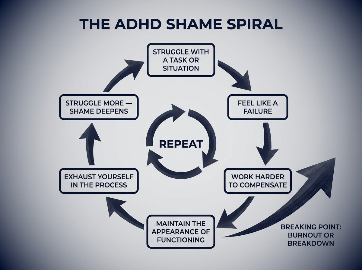 This is a circular flow diagram titled "The ADHD Shame Spiral." 