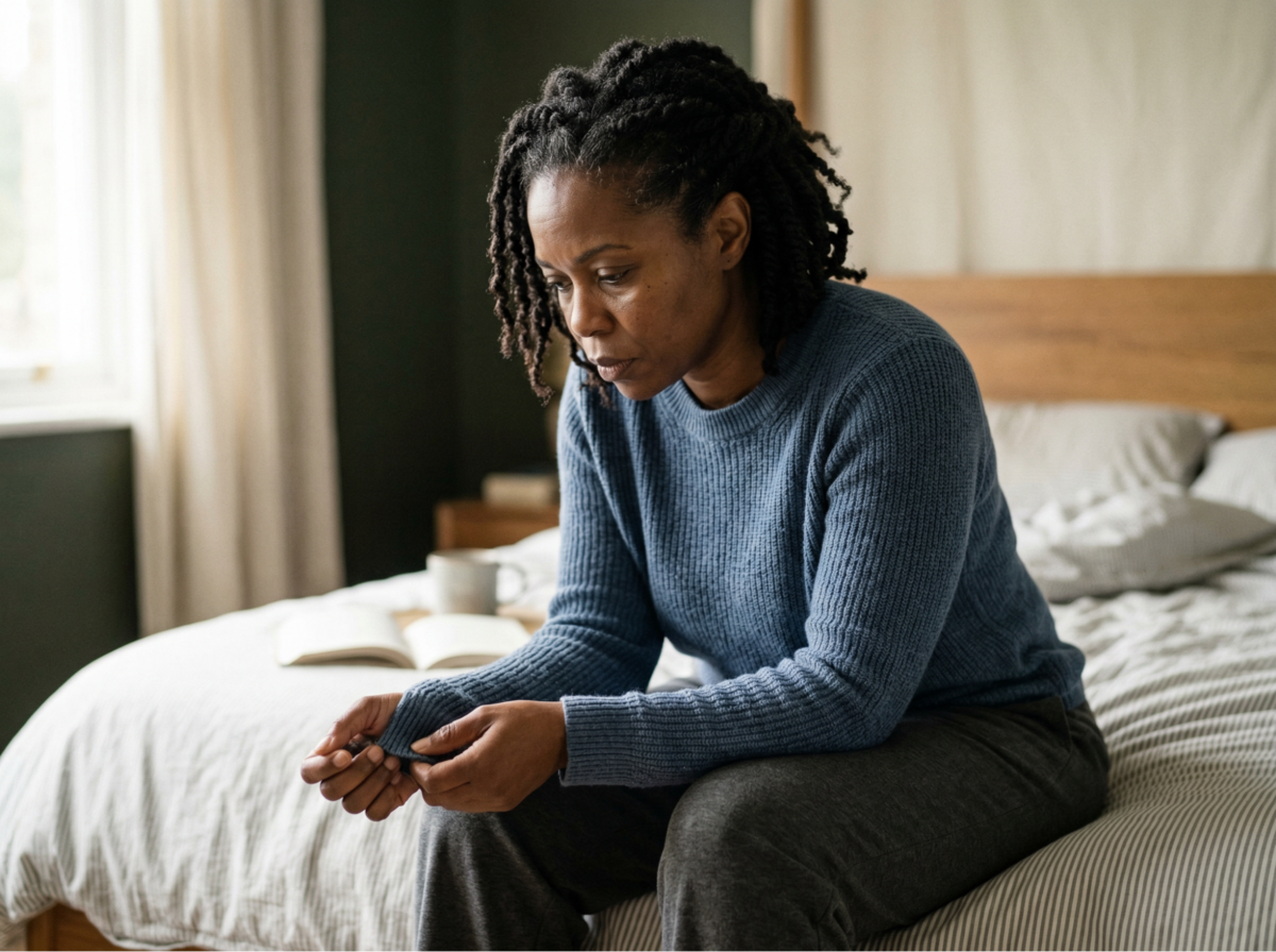 This is a portrait of a woman in her early-to-mid 40s sitting alone on the edge of a bed, looking downward. Her posture conveys quiet defeat—shoulders slightly rounded, hands loosely clasped. 