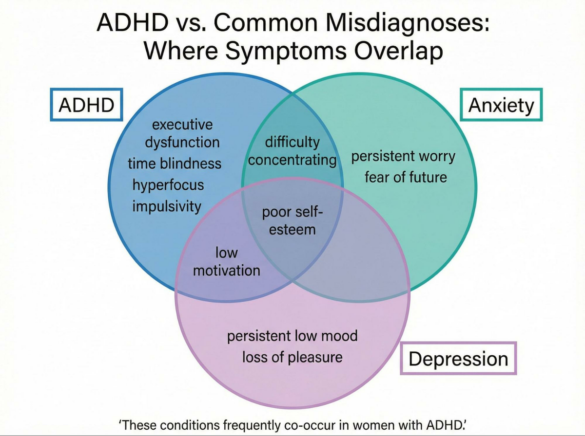 This is a Venn diagram showing the overlapping symptom picture between ADHD and its most common misdiagnoses.