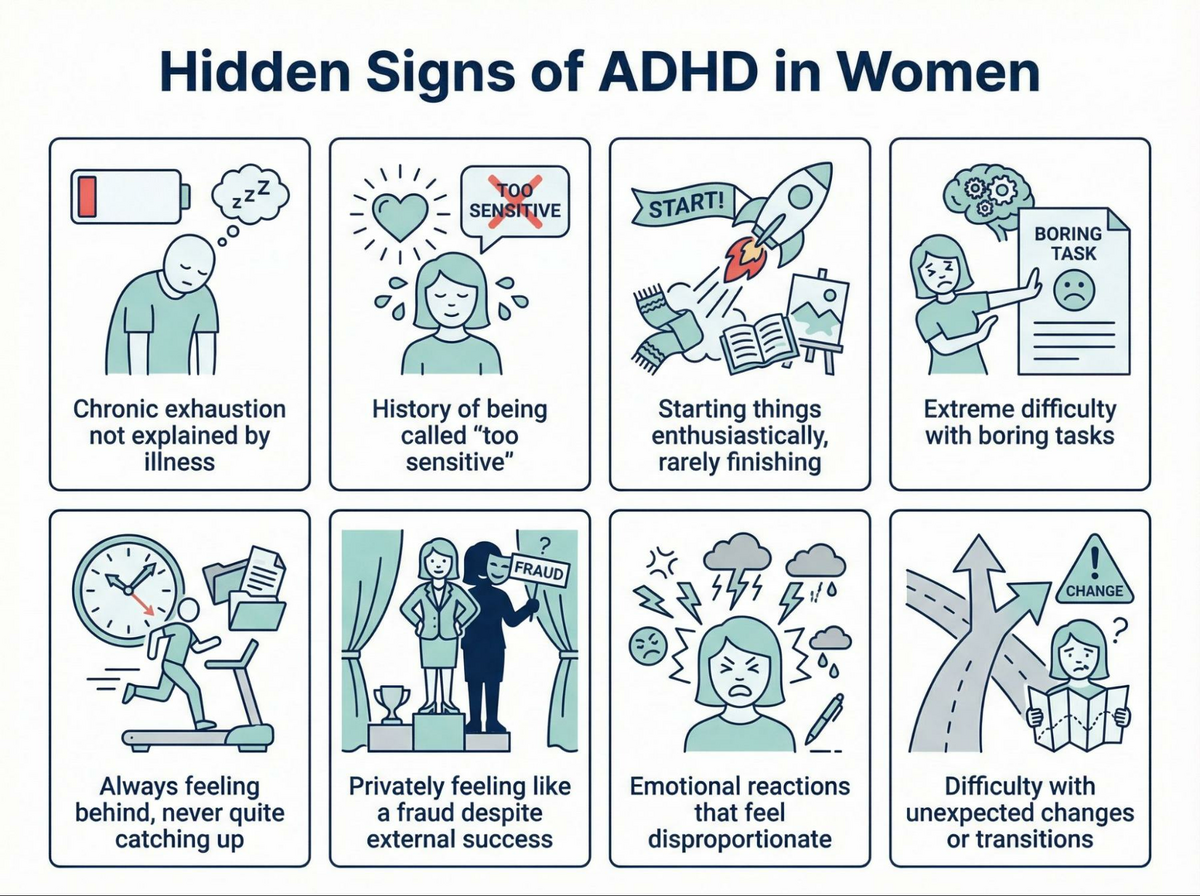 This is an infographic showing the 8–10 hidden signs of ADHD in women.