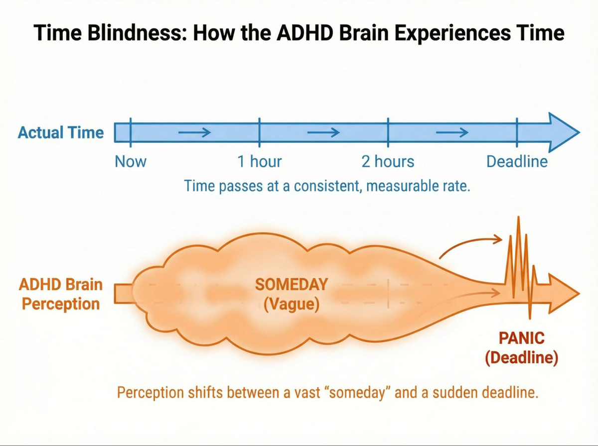 This is an infographic that illustrates 'time blindness'—how the ADHD brain perceives time vs. real time—a concept that is much clearer visually than in words.
