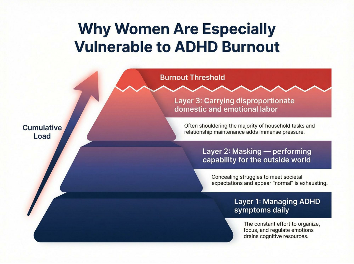 This is an infographic titled "Why Women Are Especially Vulnerable to ADHD Burnout.