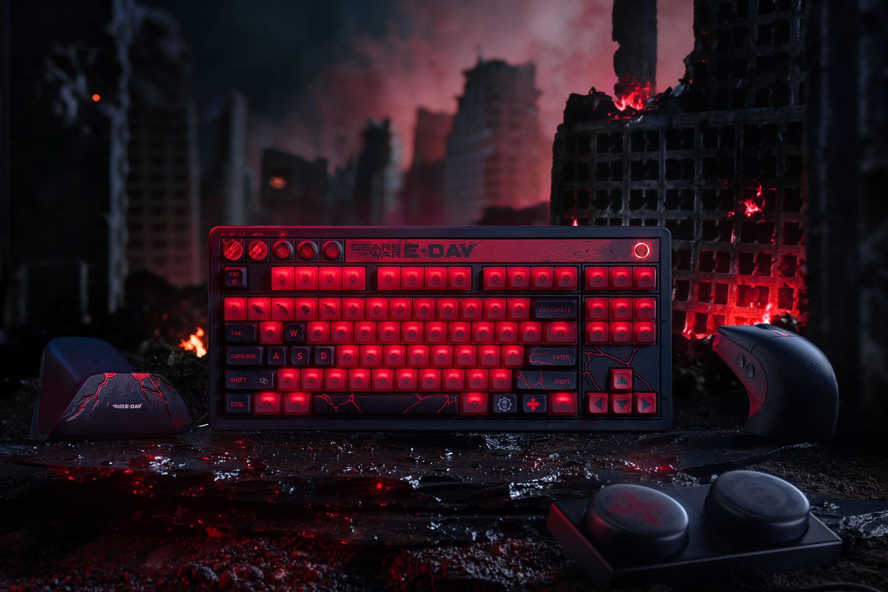 8BitDo Retro 87 Gears of War E-Day keyboard in a ruined city scene