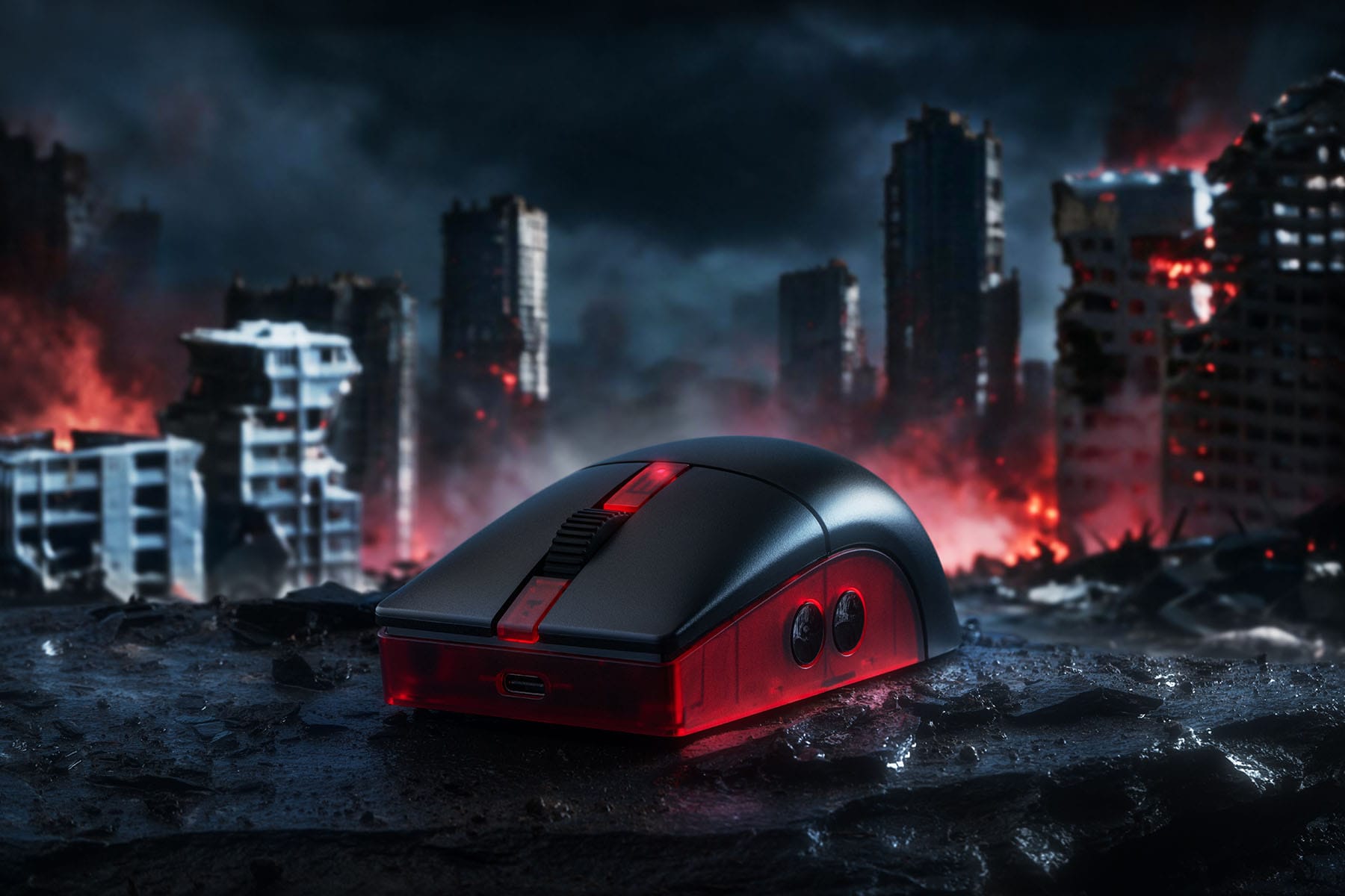 Retro R8 Gears of War E-Day mouse in a ruined city scene