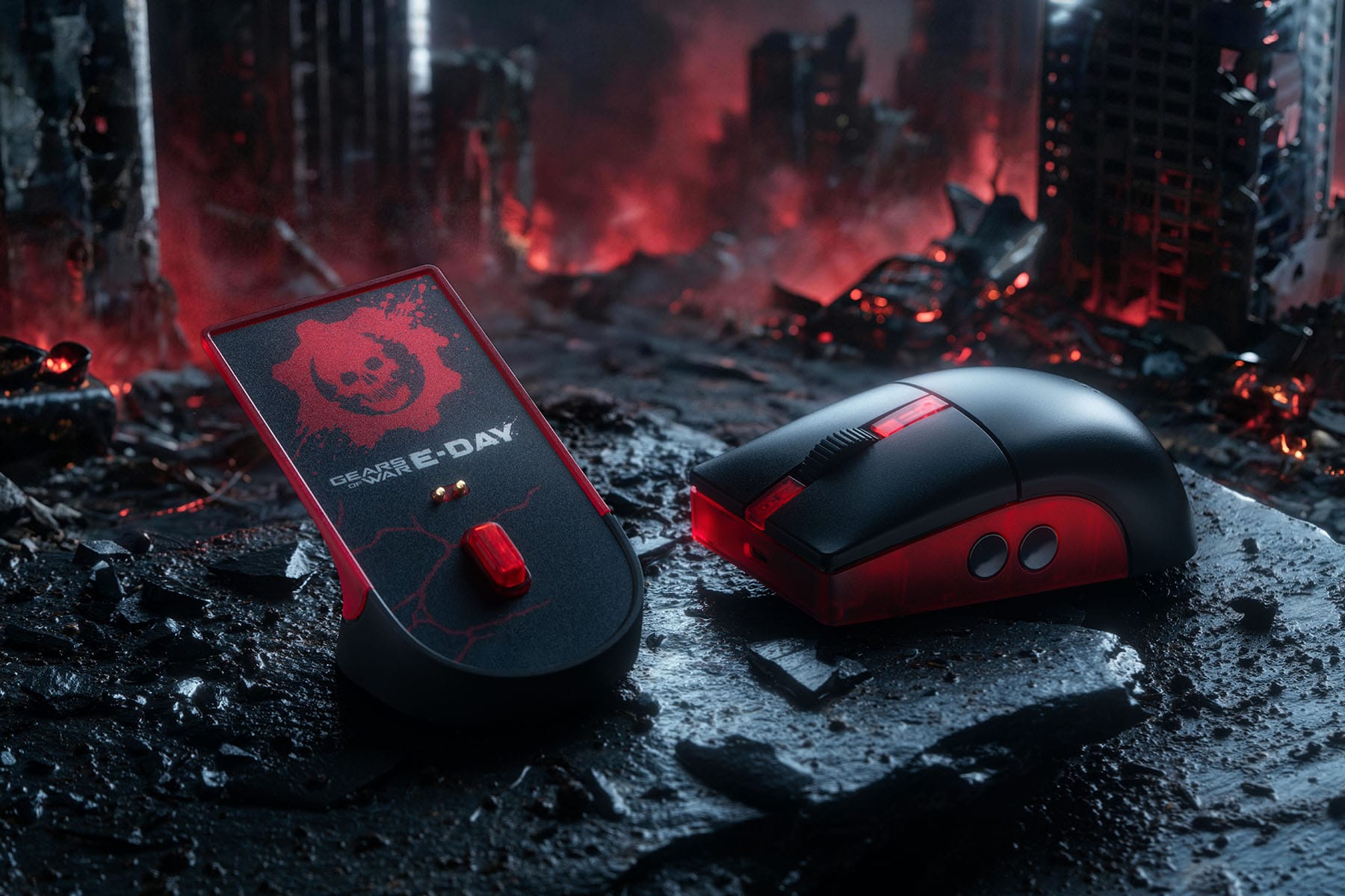 Retro R8 Gears of War E-Day mouse beside its charging dock with the Crimson Omen emblem
