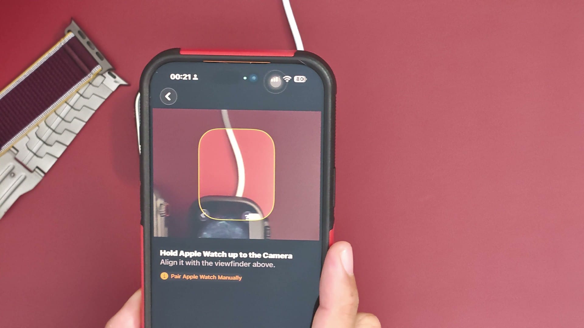 iPhone pairing screen asking to hold the Apple Watch up to the camera