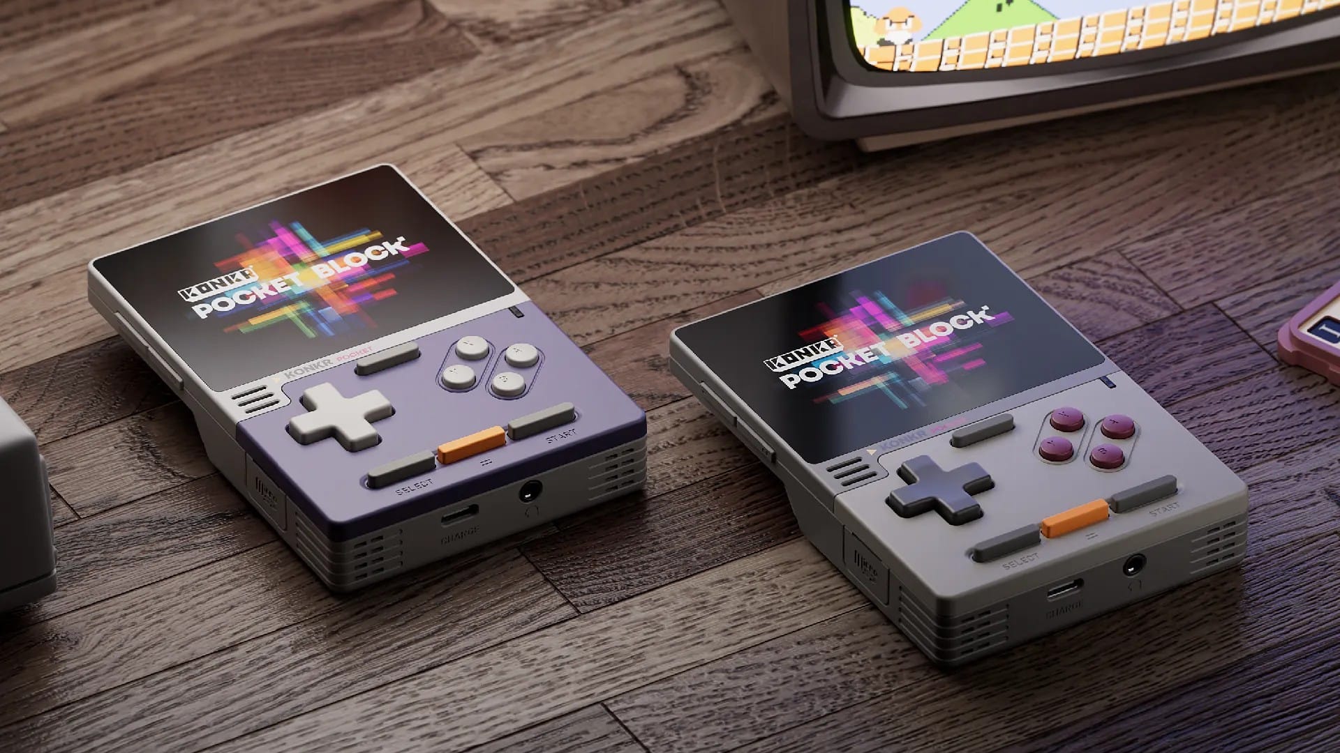 Purple and grey KONKR Pocket Block units on a wooden table