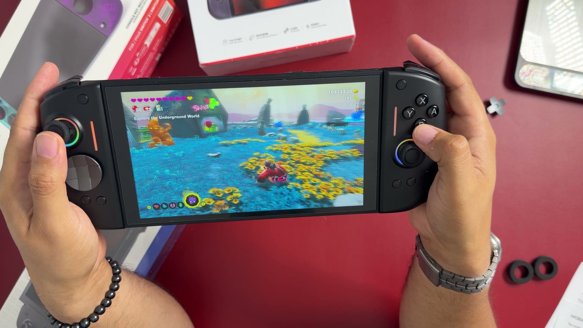 Playing a game on a Switch 2 with the NYXI Hyperion 3 attached