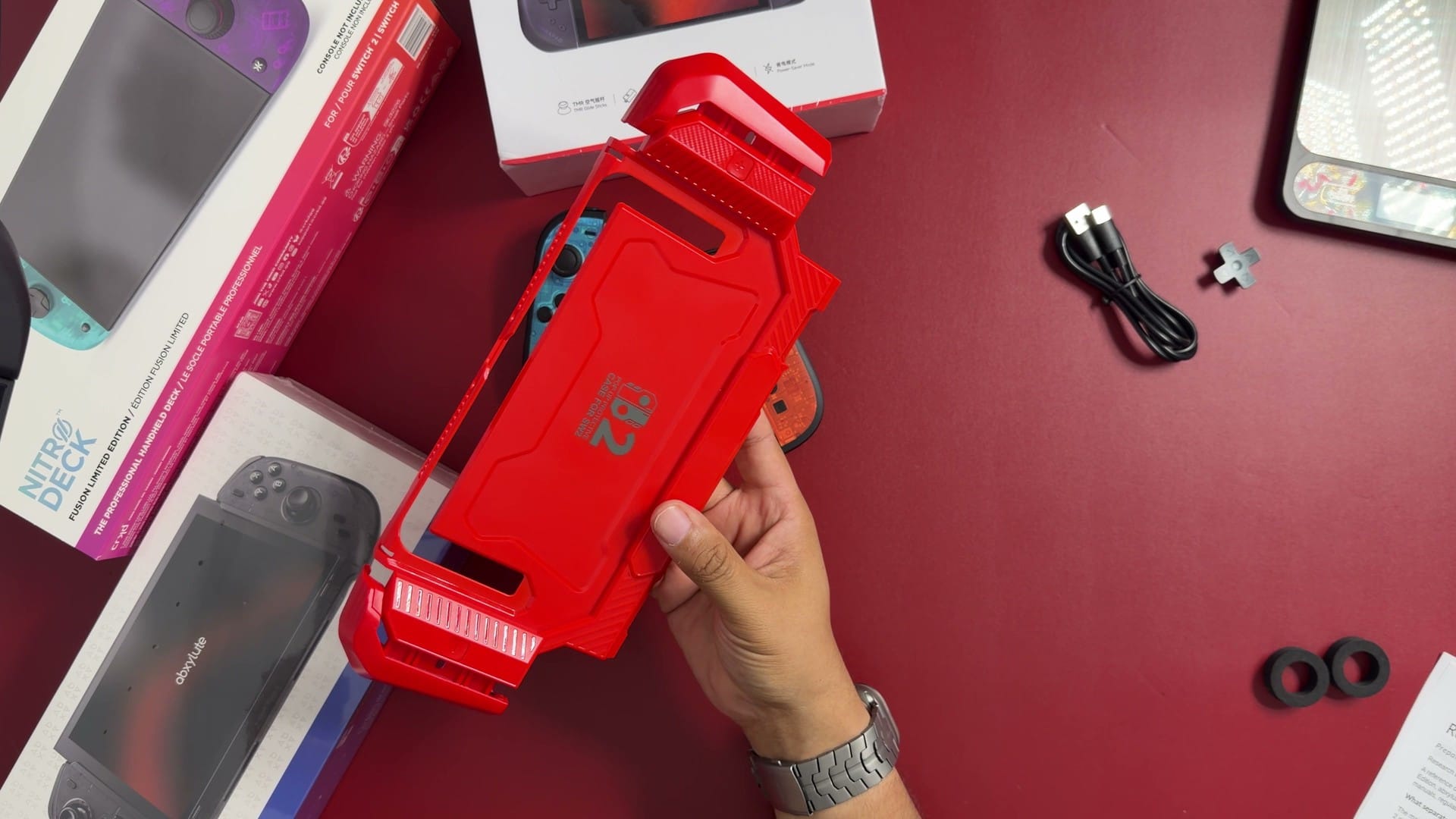 A red grip case for the Nintendo Switch 2