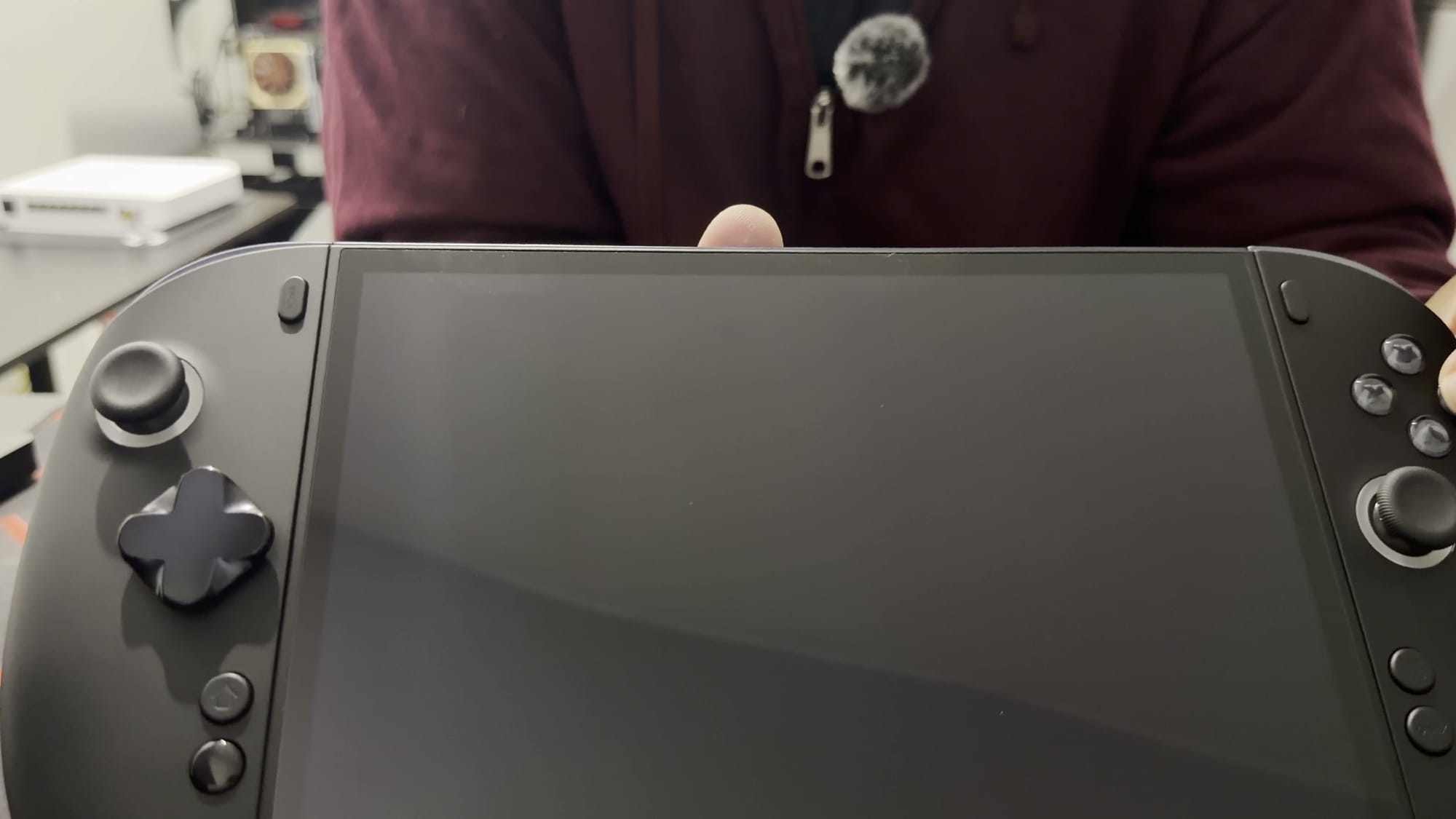 Close-up of the X2 Mini Pro front: left stick, D-pad and matte black buttons beside the screen