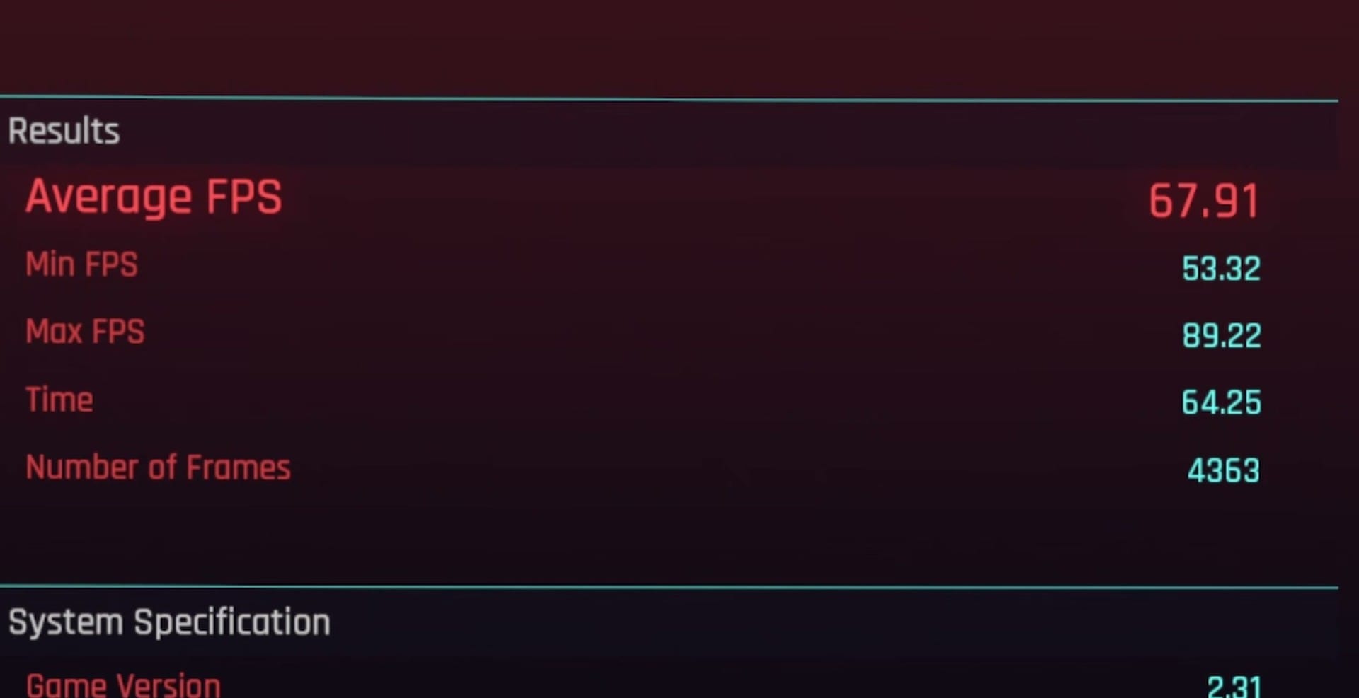 Cyberpunk 2077 benchmark results screen showing 67.91 FPS average
