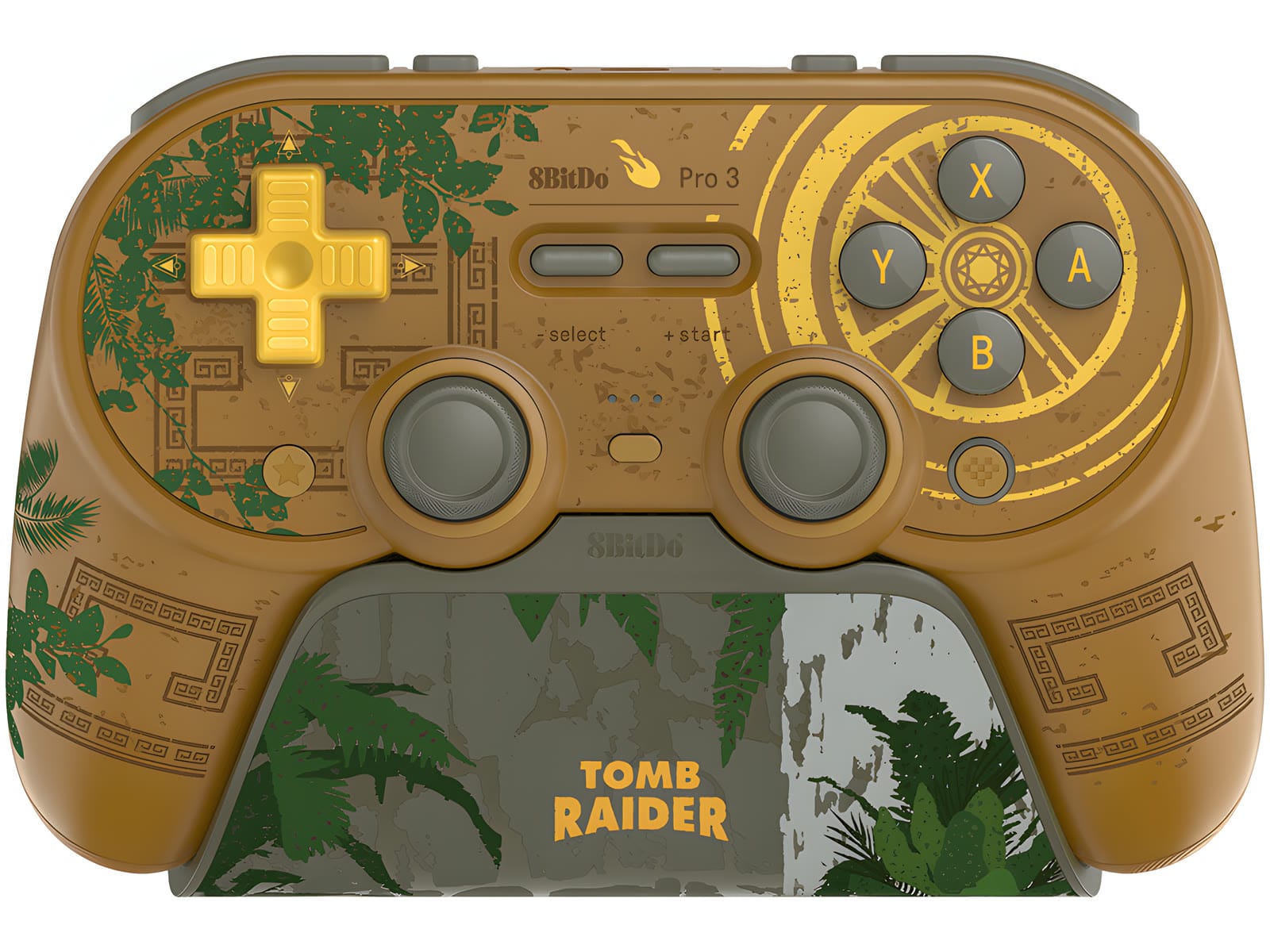 The Tomb Raider 30th Anniversary Edition of the 8BitDo Pro 3 on its dock, with a yellow D-pad, vines, a gold ring around the face buttons and Tomb Raider art on the dock