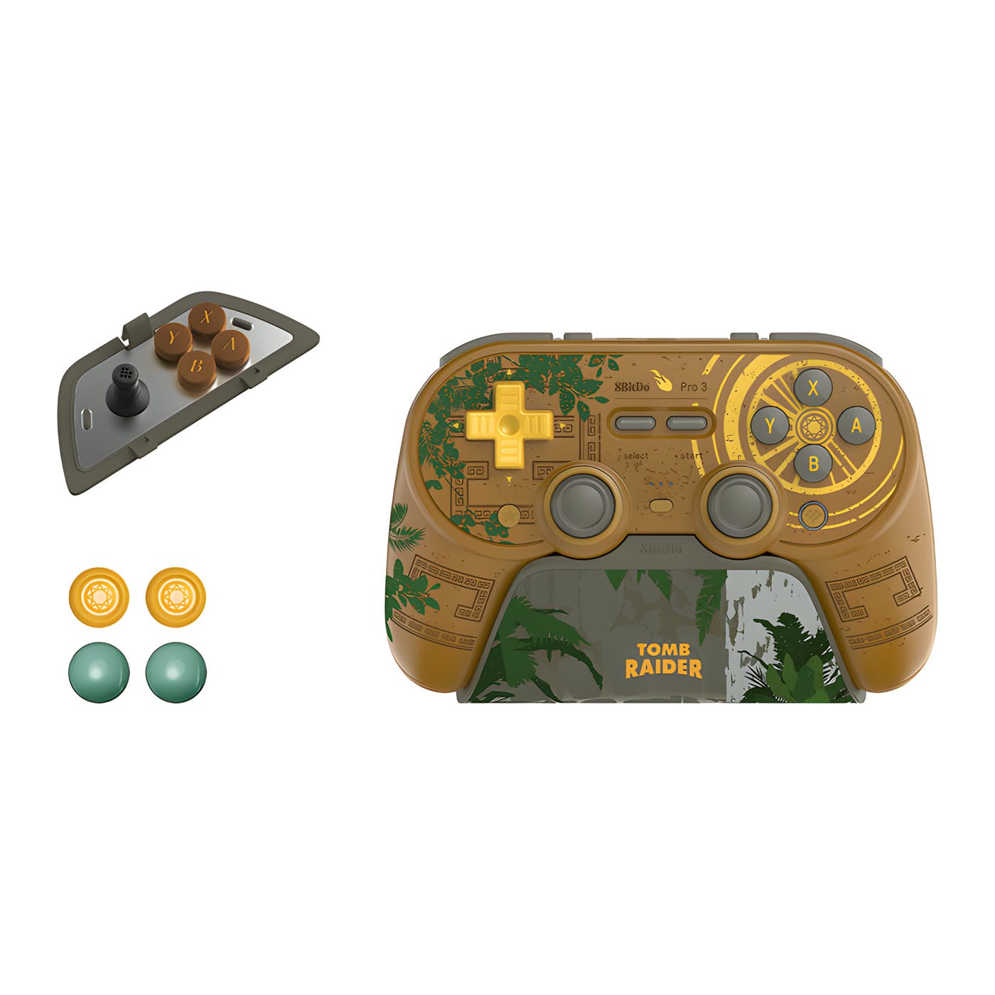 The Pro 3 Tomb Raider edition on its dock beside its swappable face buttons, two gold themed stick caps and two teal ball-top caps
