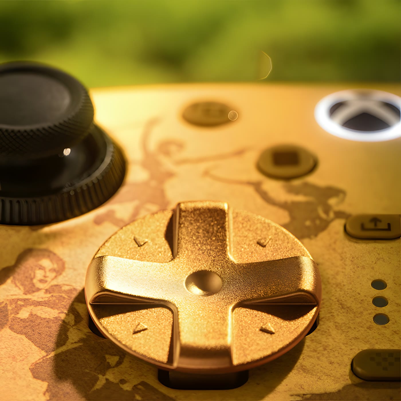 Close-up of the gold-plated zinc alloy D-pad on the Tomb Raider edition of the 8BitDo Ultimate 3, next to the left stick