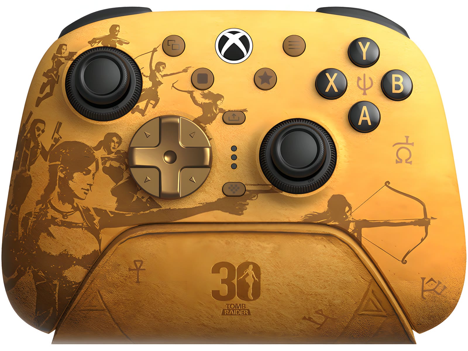 The gold Tomb Raider 30th Anniversary Edition of the 8BitDo Ultimate 3 for Xbox on its dock, with Lara Croft silhouettes across the shell and a 30 logo on the dock