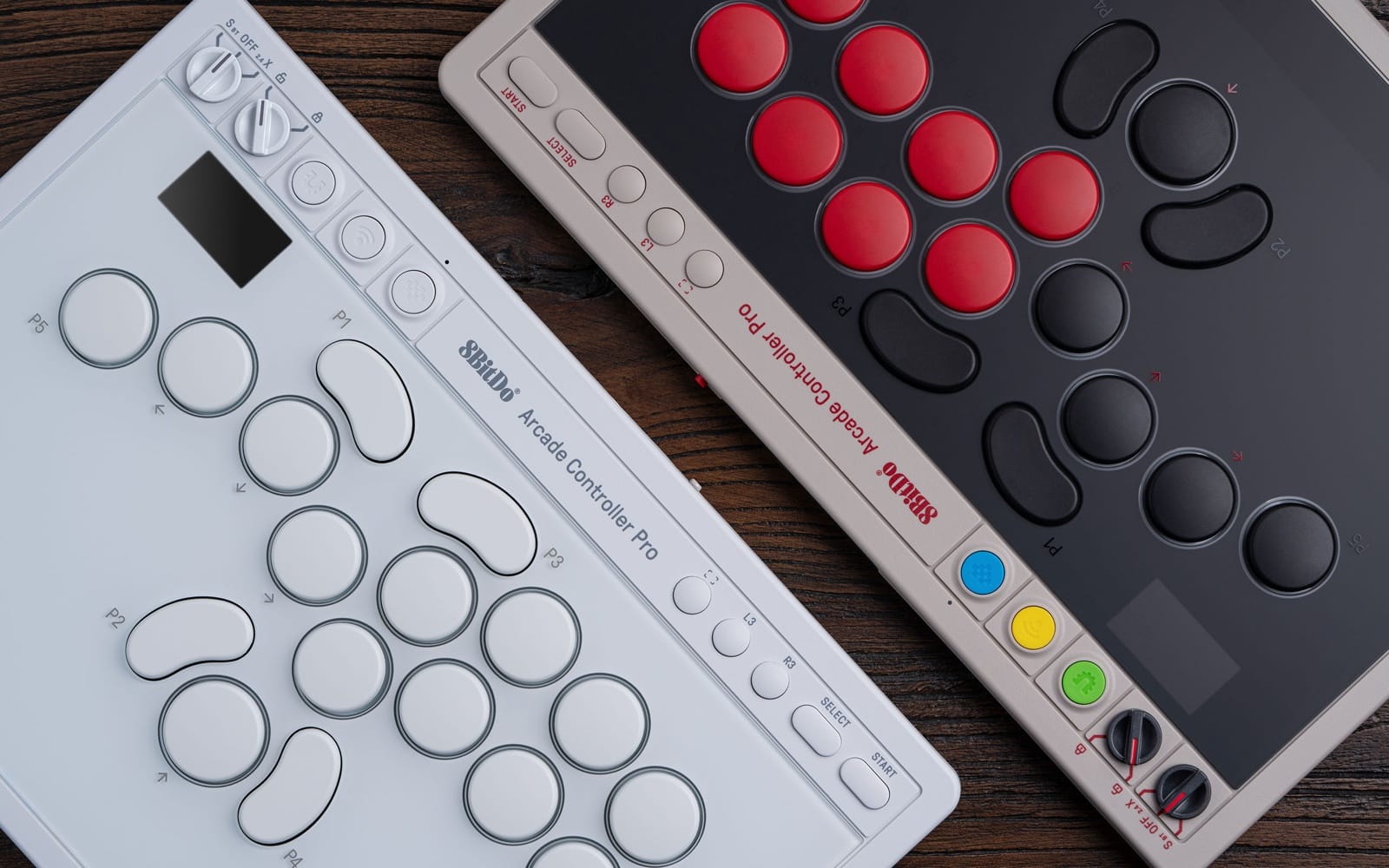 The 8BitDo Arcade Controller Pro in N Edition and White Edition side by side