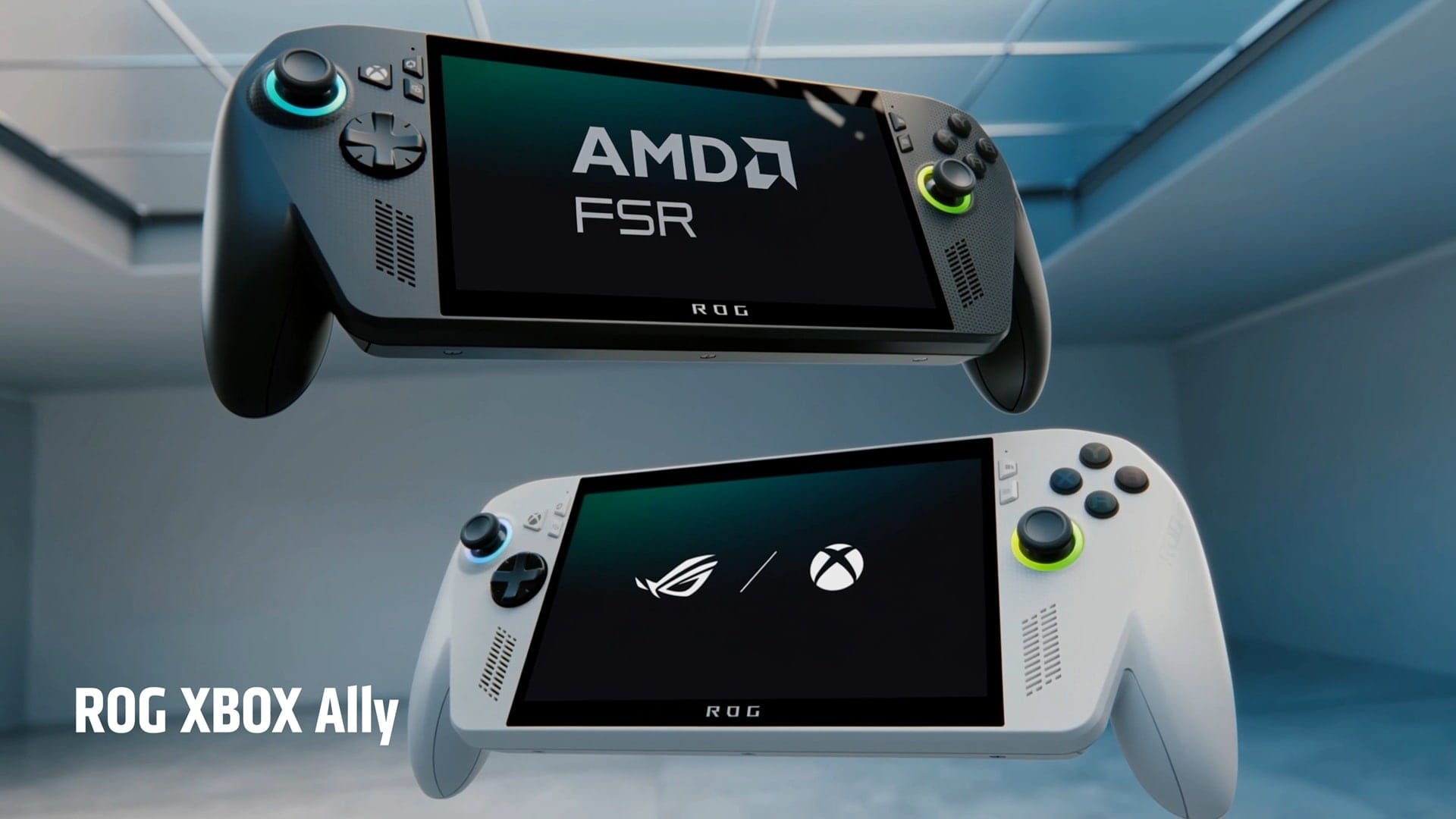 AMD slide showing the ROG Xbox Ally X with the AMD FSR logo on its screen above a white ROG Xbox Ally