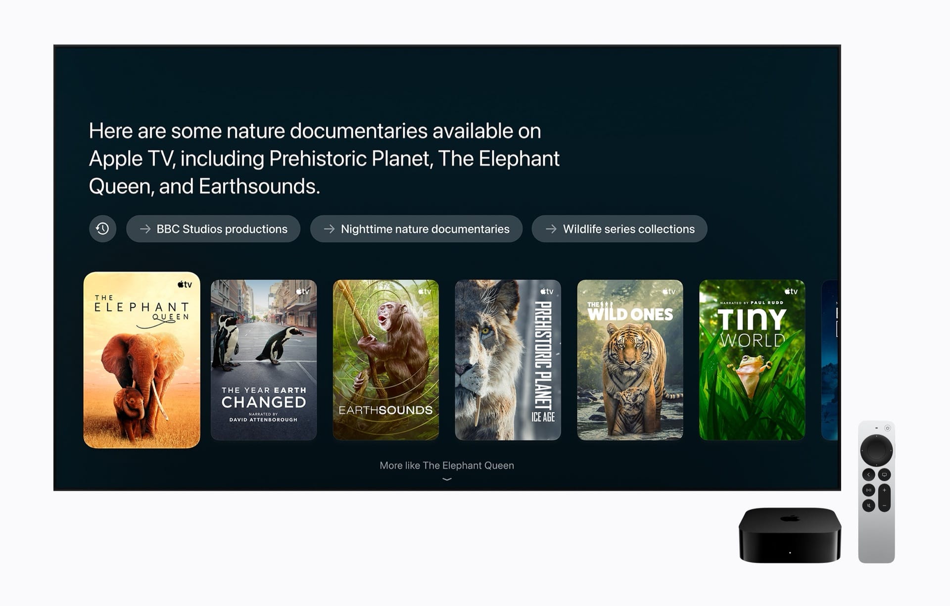 A TV showing Siri AI suggestions for nature documentaries, next to the Apple TV 4K and Siri Remote