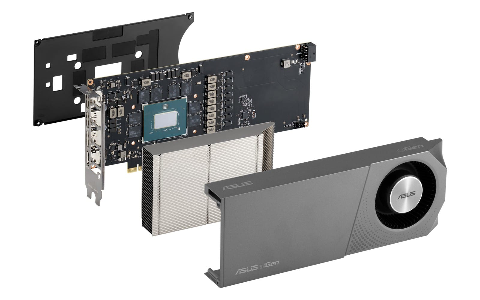 Exploded view of the ASUS UGen Arc Pro B70: backplate, circuit board with the GPU, heatsink and blower shroud