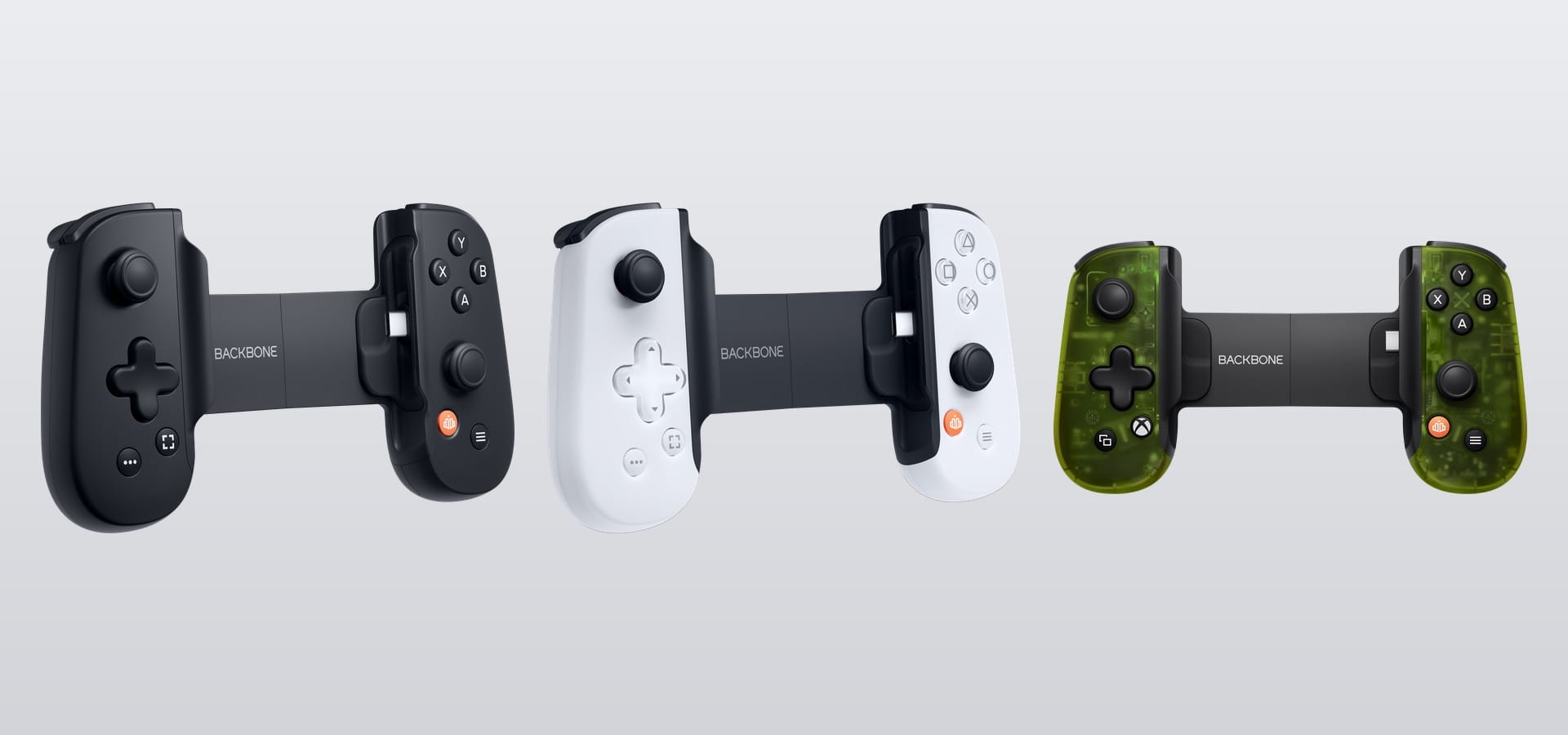 The Backbone One in its Standard black, white PlayStation and translucent green Xbox editions, extended without a phone