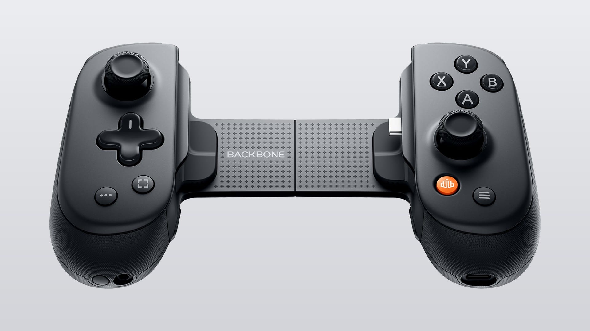 The Backbone Pro from the front, extended, with its headphone jack, pairing button and USB-C port along the bottom edge