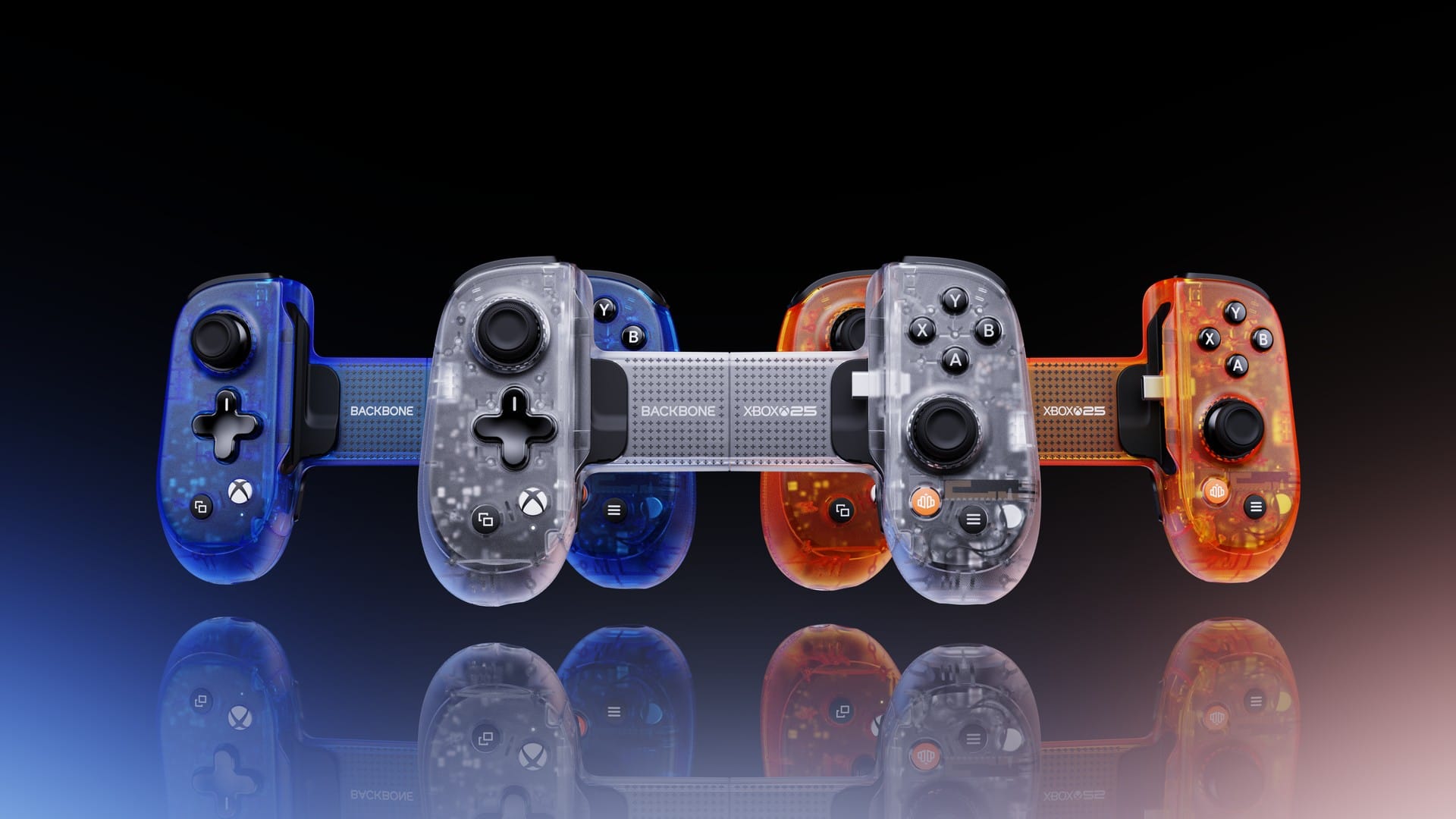Three Backbone Pro XBOX 25th Anniversary Edition controllers in translucent blue, clear and orange