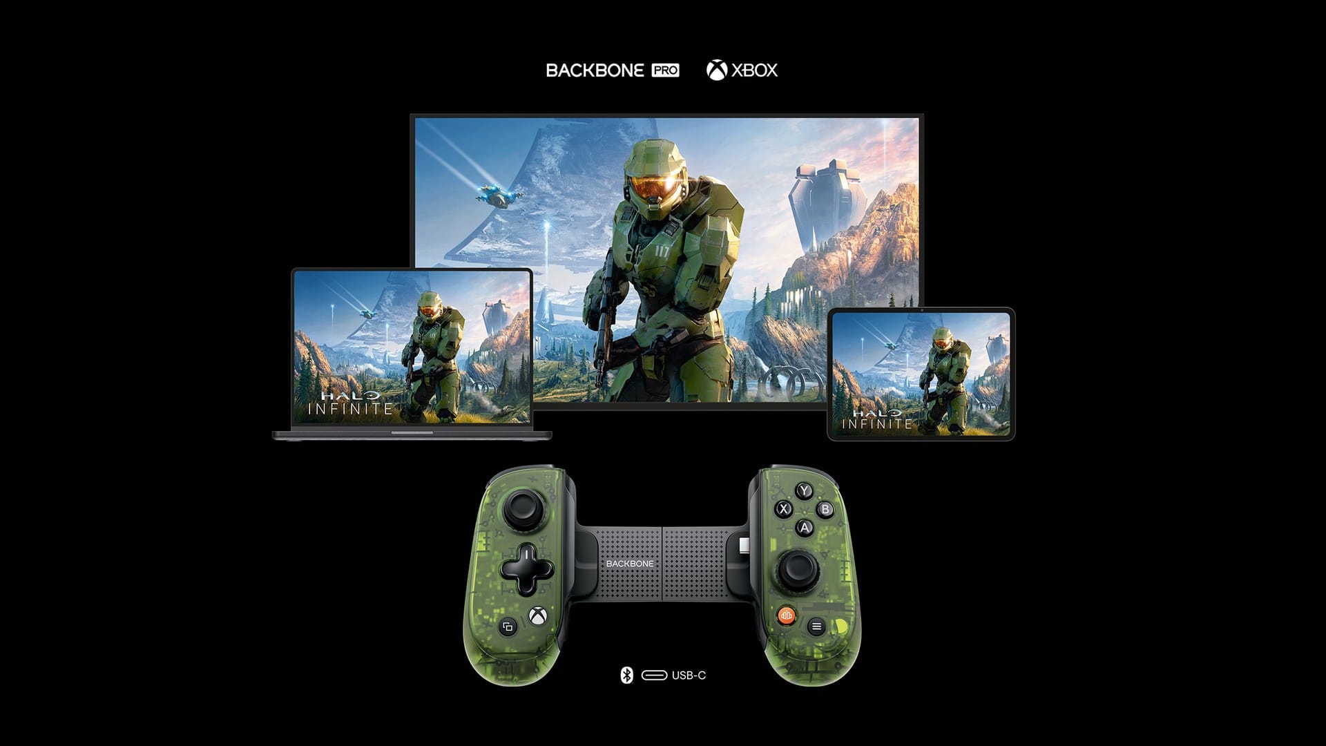 A Backbone Pro Xbox Edition in front of a TV, a laptop and a tablet all showing Halo Infinite