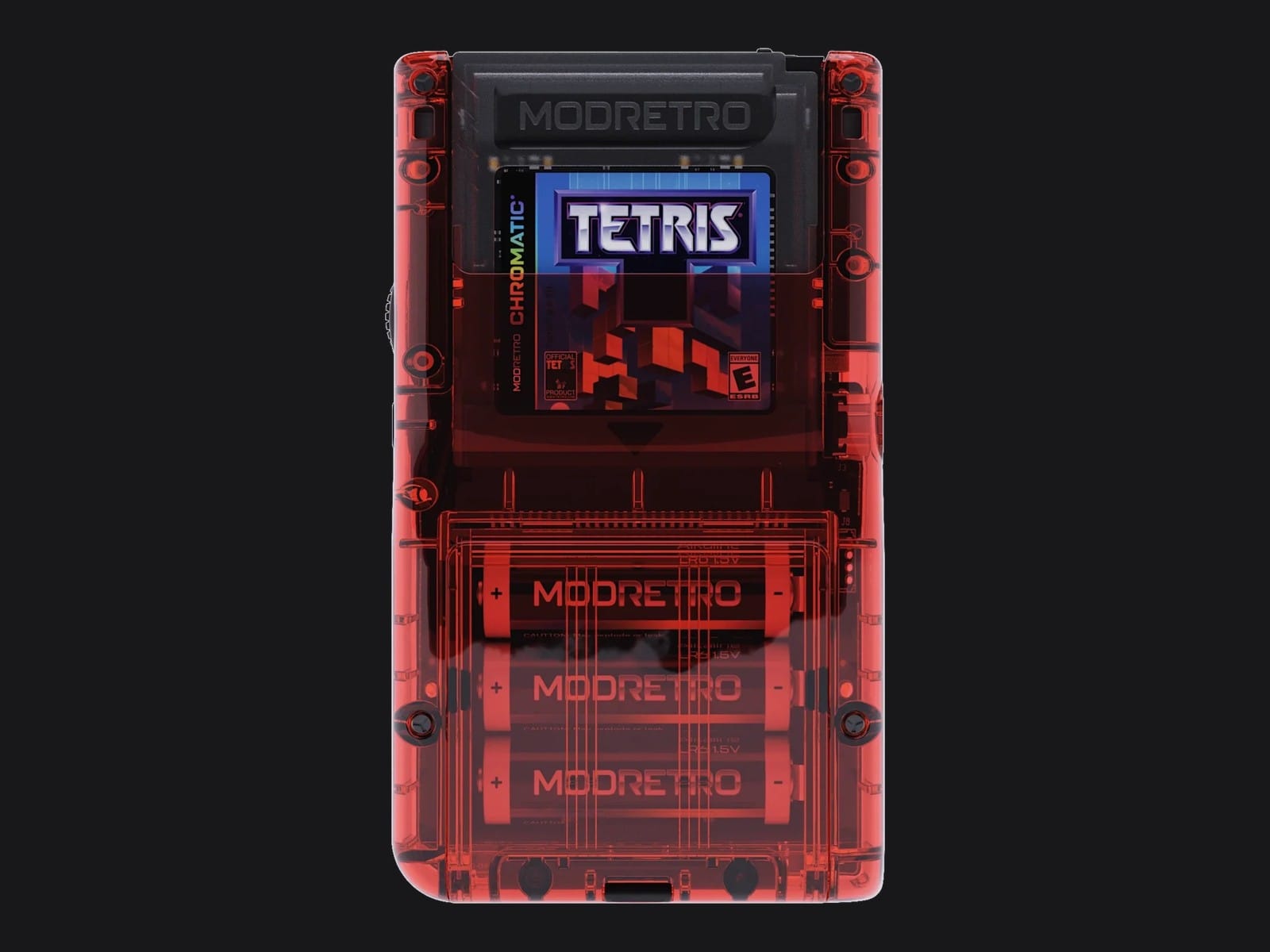The back of the transparent red ModRetro Chromatic, showing a transparent Tetris cartridge and three AA batteries inside