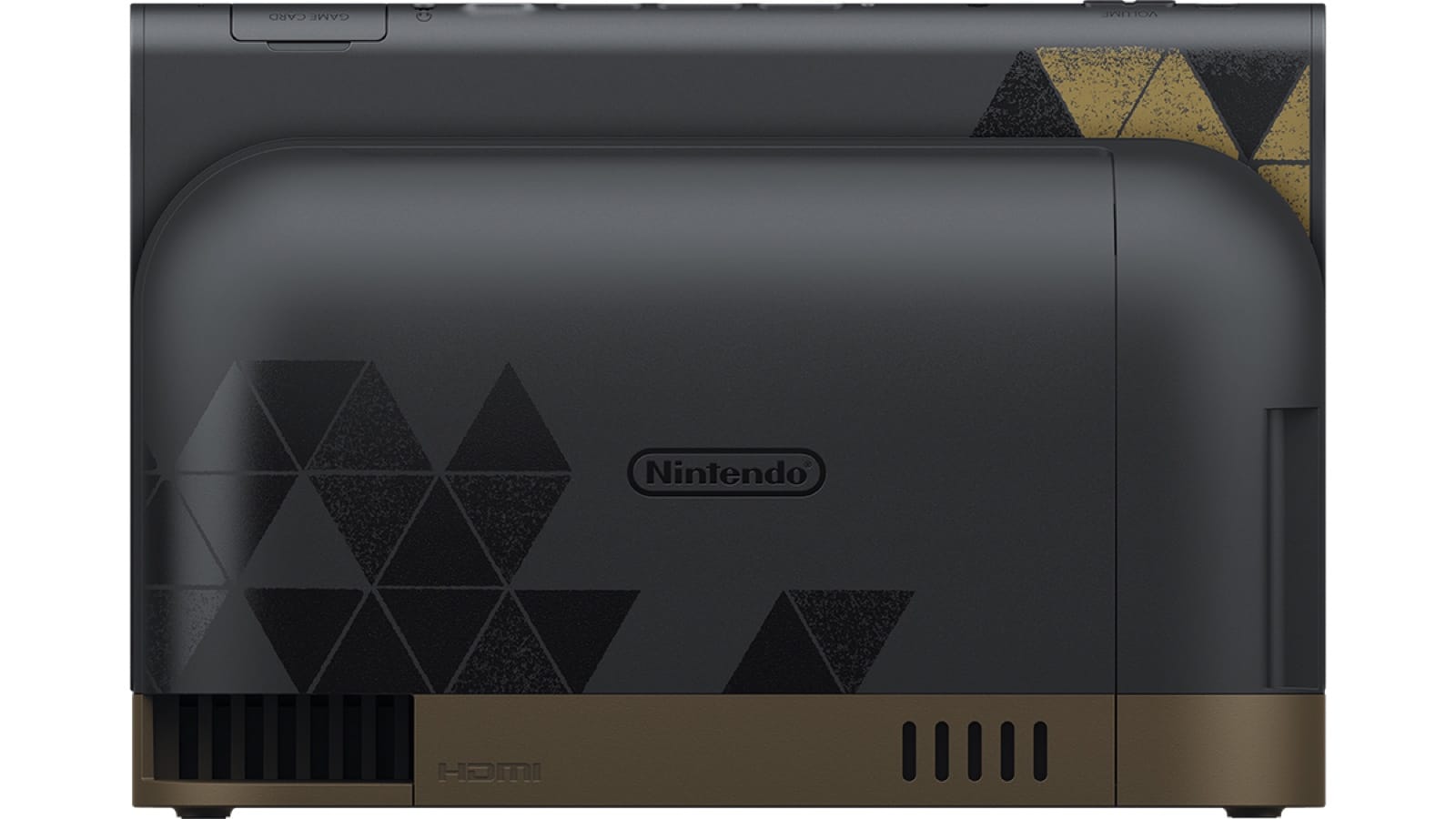 The back of the Zelda 40th Anniversary Switch 2 dock with gold Triforce patterns