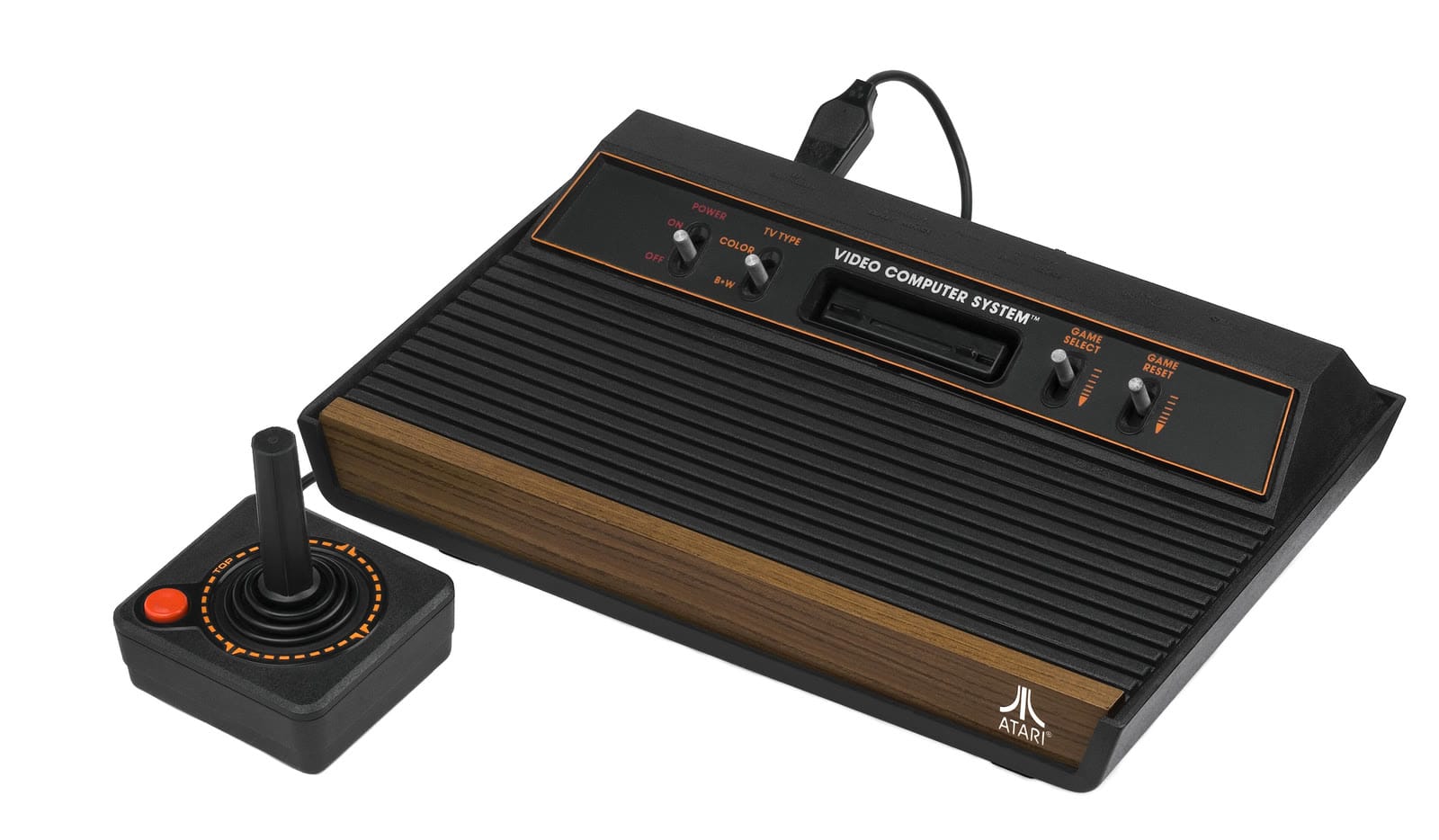 Woodgrain four-switch Atari 2600 with a joystick