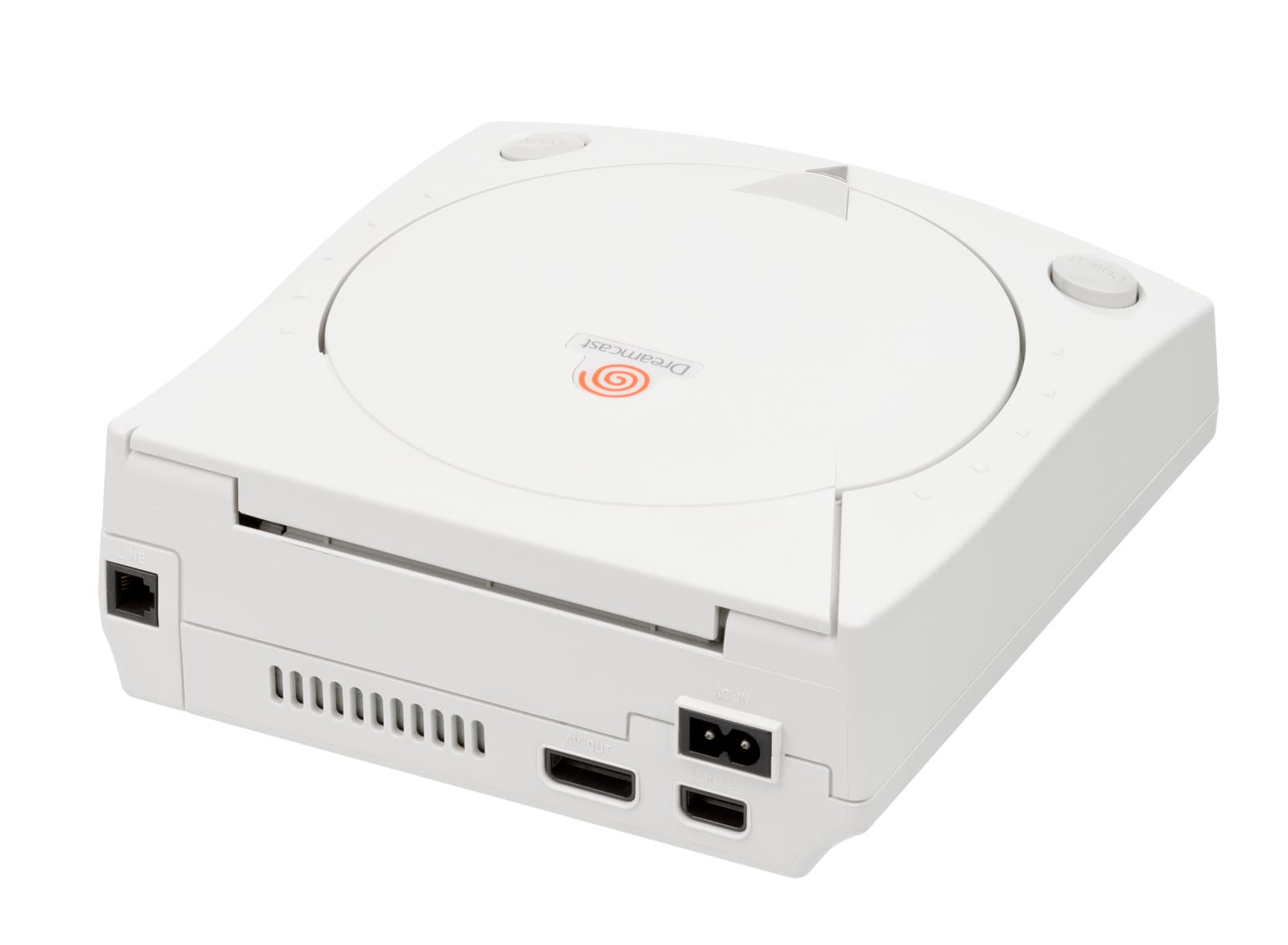 Sega Dreamcast from the back right, showing the modem's phone jack