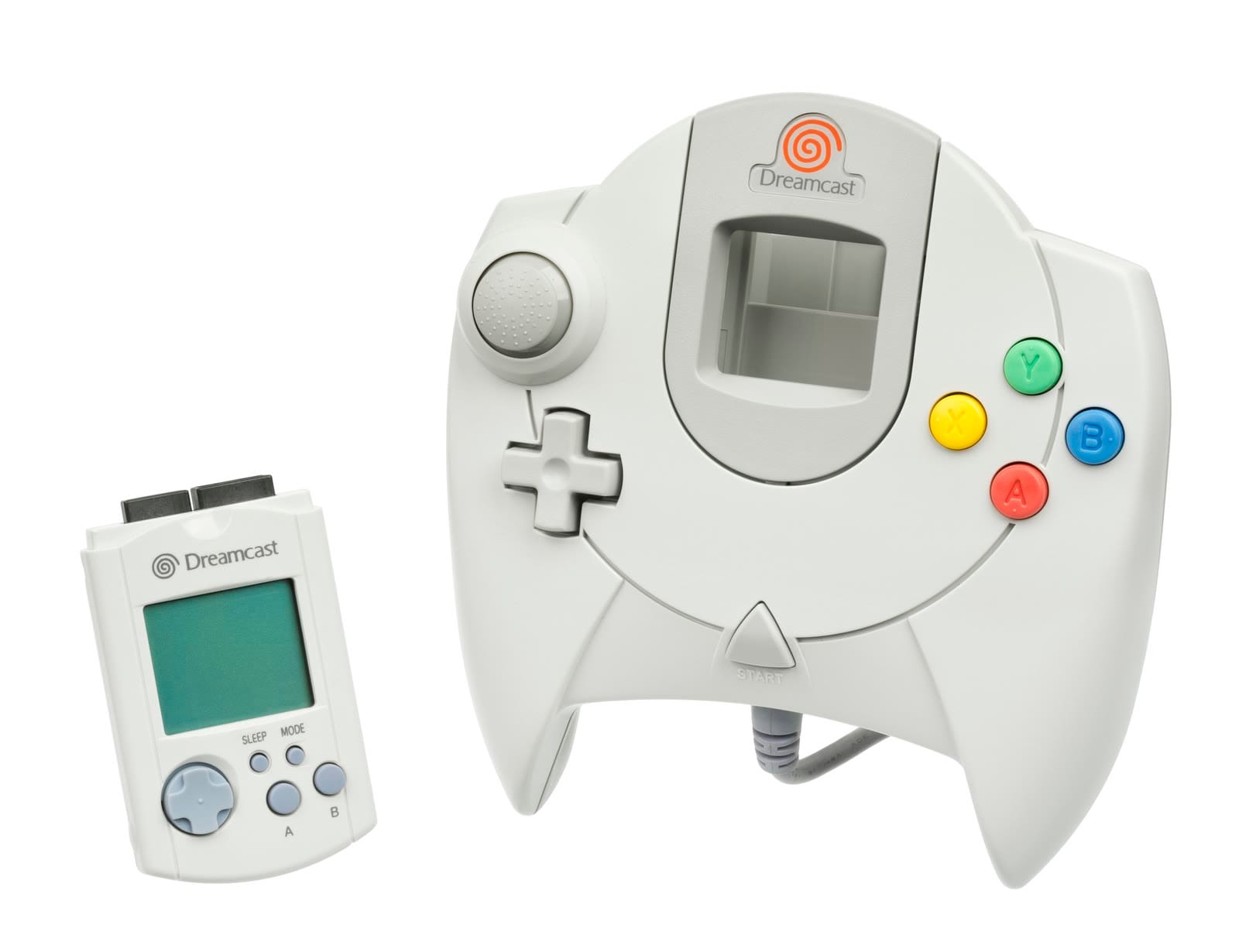 Dreamcast controller with a VMU memory card beside it